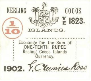 Keeling Cocos 1/10 Rupee Currency Banknote 1902 Vf/xf