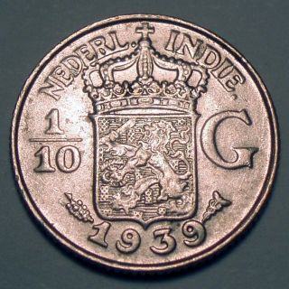Netherlands East Indies 1/10 Gulden 1939 Silver K1.  5