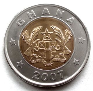 Ghana 1 Cedi 2007 Unc Bimetallic Km 42 K7.  3