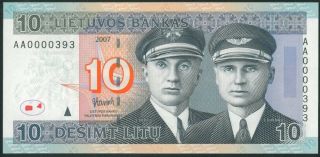 Lithuania 10 Litu (2007) Unc Banknote Litas Low S/n Aa0000393