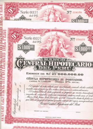 Set 2 Banco Central Hipotecario Del Peru,  19xx,  Unissued/ Coupons,  Vf,