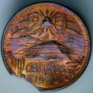 Mexico 1970 20 Centavos ✮ Bu ✮ Purple - Red Tone ✮ Clipped Planchet ✮ S&h ✮
