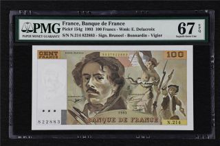 1993 France Banque De France 100 Francs Pick 154g Pmg 67 Epq Gem Unc