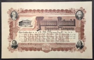 1897 Tennessee Centennial Exposition Stock Certificate With Ticket