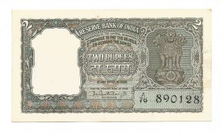 India Rs 2,  1965,  Unc Olive Green Note,  Inset Plain,  Prefix A,  P C Bhattacharya