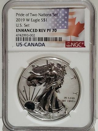 2019 W Silver Eagle From Pride Of Two Nations U.  S.  Set F.  D.  O.  I.  Ngc Enh.  Rev Pf70