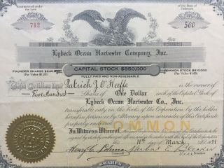 1921 Lybeck Ocean Harvester Company,  Inc.  Stock Certificate - Nyc,  York