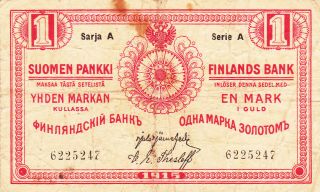 1 Markkaa Vg - Fine Banknote From Finland 1915 Russian Issue Pick - 16