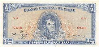 Chile 1/2 Escudo Nd.  1962 P 134a Series A 13 Circulated Banknote Jk