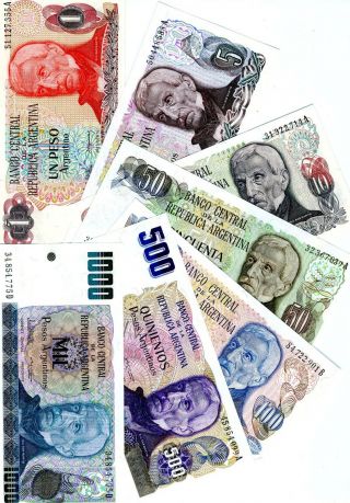 Set Argentina,  1;5;10;50;100;500;1000 Pesos Argentinos (1984),  311 - 317 Unc