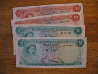Four 1965 Currency Notes From The Bahamas Uncirc.  $1 (2),  $3 (2),  2 Signature