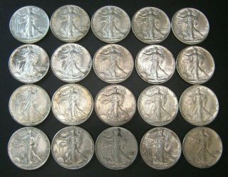 1943 Walking Liberty Half Dollar Roll Of 20 Coins Xf - Au/bu U.  S.