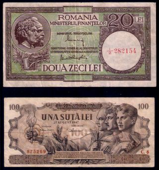 Romania,  2 Paper Money,  20,  100 Lei