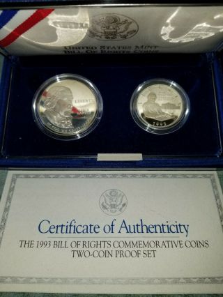 1993 Bill Of Rights Coins 2 - Pc Proof Set Silver$1 & 50c W/box &