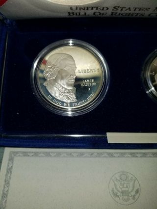 1993 BILL OF RIGHTS COINS 2 - PC PROOF SET SILVER$1 & 50C w/BOX & 2