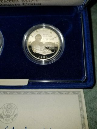 1993 BILL OF RIGHTS COINS 2 - PC PROOF SET SILVER$1 & 50C w/BOX & 3