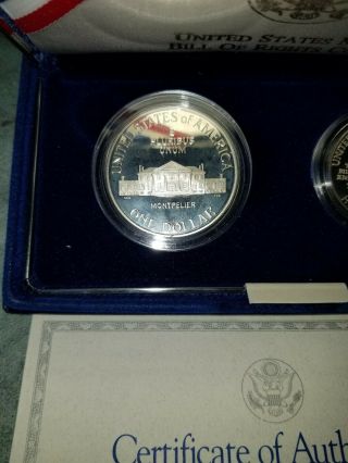 1993 BILL OF RIGHTS COINS 2 - PC PROOF SET SILVER$1 & 50C w/BOX & 4