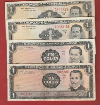 El Salvador 4 Notes 1 Colon 1968 - 1970 - 1971 - 1972