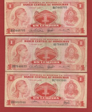 Honduras 3 Notes 1 Lempira 1974 - 1978 Vf Scarce