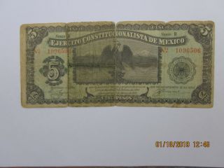 1914 5 Pesos Revolutionary Note Ejercito Constitucionalista De Mexico Serie B