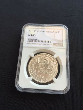 1353/1934 Tunisia Silver 20 Francs Ngc Ms65