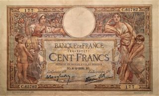 1939 France 100 Francs Banknote,  6 - 4 - 1939 Banque De France,  Pick 86b