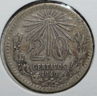 Mexican 20 Centavos Coin,  1940 M - Km 438 Mexico Silver.  720 Twenty Liberty Cap