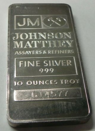 10 Oz Johnson Matthey Assayers & Refiners.  999 Fine Silver Bar 6887 - 1