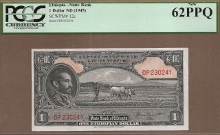 Ethiopia: 1 Dollar Banknote,  (unc Pcgs62),  P - 12c,  1945,