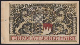 1923 50 Million Mark German State Bavaria Munich Old Emergency Banknote P S934 F