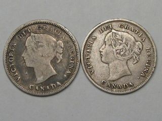 2 Canadian Silver 5 Cent Coins: 1890 - H & 1893.  Queen Victoria.  16