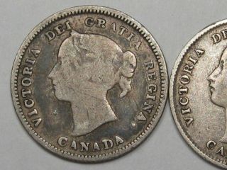 2 Canadian Silver 5 Cent Coins: 1890 - H & 1893.  Queen Victoria.  16 3
