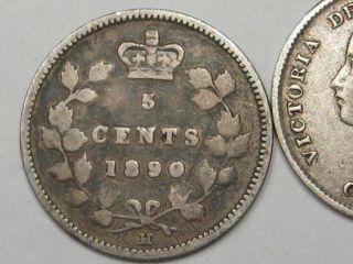 2 Canadian Silver 5 Cent Coins: 1890 - H & 1893.  Queen Victoria.  16 4