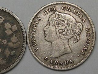 2 Canadian Silver 5 Cent Coins: 1890 - H & 1893.  Queen Victoria.  16 5