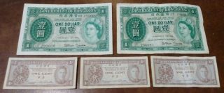Government Of Hong Kong $1 One Dollar Bills 1959,  1956 & (3).  01 1 Cent Notes