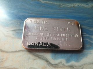 Johnson Matthey 1976 1 oz silver bar JM & MALLORY (BRAMPTON REFINERY) 250 minted 3