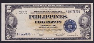 Us Philippines Treasury Certificate 5 Pesos Victory Series Sn F19478707 Au/unc
