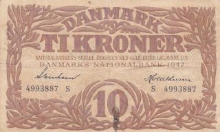 10 Kroner Very Fine Banknote From Denmark 1942 Pick - 31