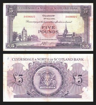 Scotland Clydesdale & North Of Scotland Bank Limited 5 Pounds 1951 Vf