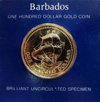 1975 Fm Gold Barbados 6.  21 Grams $100 Olive Blossom Coin