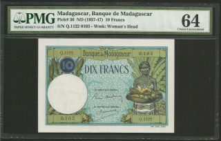 Madagascar,  10 Francs (1937 - 47) Pmg 64 Unc