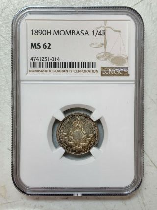 Mombasa,  1/4 Rupee 1890 - H,  Heaton,  Silver,  Ngc Ms62