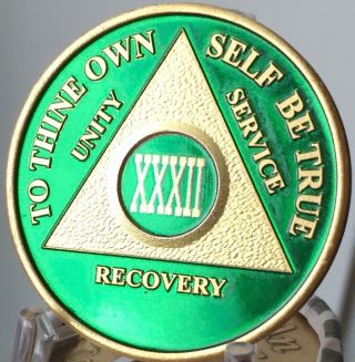 32 Year Aa Medallion Green Gold Plated Alcoholics Anonymous Sobriety Chip Coin