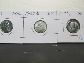 1943 - P,  D,  And S Steel Lincoln Wheat Pennys Bu Together - 3