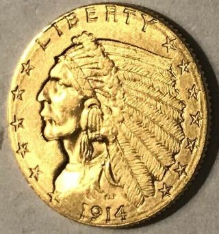 1914 - D $2.  50 Gold Indian Quarter Eagle Au/bu Details