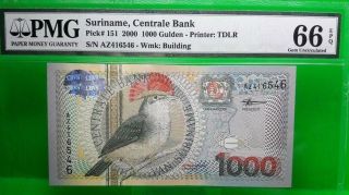 Money Suriname 1000 Gulden 2000 Central Bank Pmg Gem Unc Pick 151