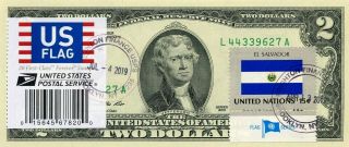 $2 Dollars 2013 Stamp Cancel Flag Of Un From El Salvador Lucky Money $99.  95