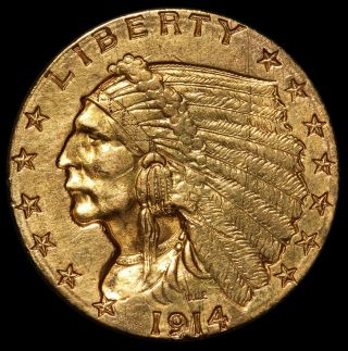 1914 - D U.  S.  Indian Head $2.  50 Gold Quarter Eagle Coin