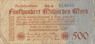 Germany 500 Milliarden Mark 26.  10.  1923 Series Wb - 8 Circulated Banknote Mee10
