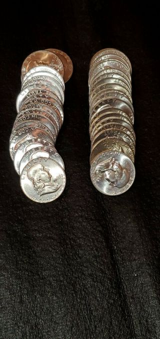 1963 90 Silver Franklin Half Dollars - 2 Rolls Of 20 - 40 Coins Total